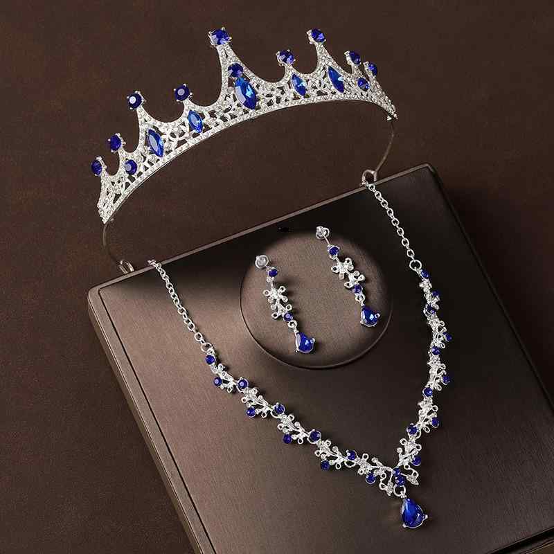 ティアラ レディース 3点セット 王冠 ネックレス ピアス カチューシャ 髪飾り ヘアアクセサリー ヘッドドレス ウェディング ブライダル 結婚式 パーティー 誕生日 ジュエリー バロック風 高級感 ジルコニア ラインストーン ブルー 華やか エレガント