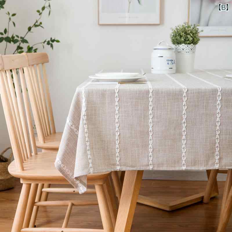 テーブルクロス 長方形 ストライプ 刺繍 シンプル 無地 ナチュラル 北欧風 ダイニング リビング カフェ ポリエステル 綿麻風 おしゃれ 上品 敷物 デスクマット マルチカバー 家庭用 洗える 高級感 耐久性 3