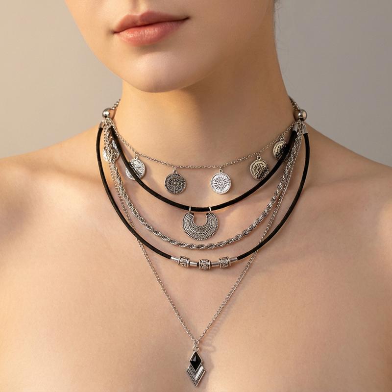 Other , Materials - ネックレス レディース チョーカー レトロ ヴィンテージ エスニック ボヘミアン 欧米風 秋冬 黒 多層 レザーコード 革紐 幾何学 合金 ハロウィン パーティー 普段使い アクセサリー 個性的 シック