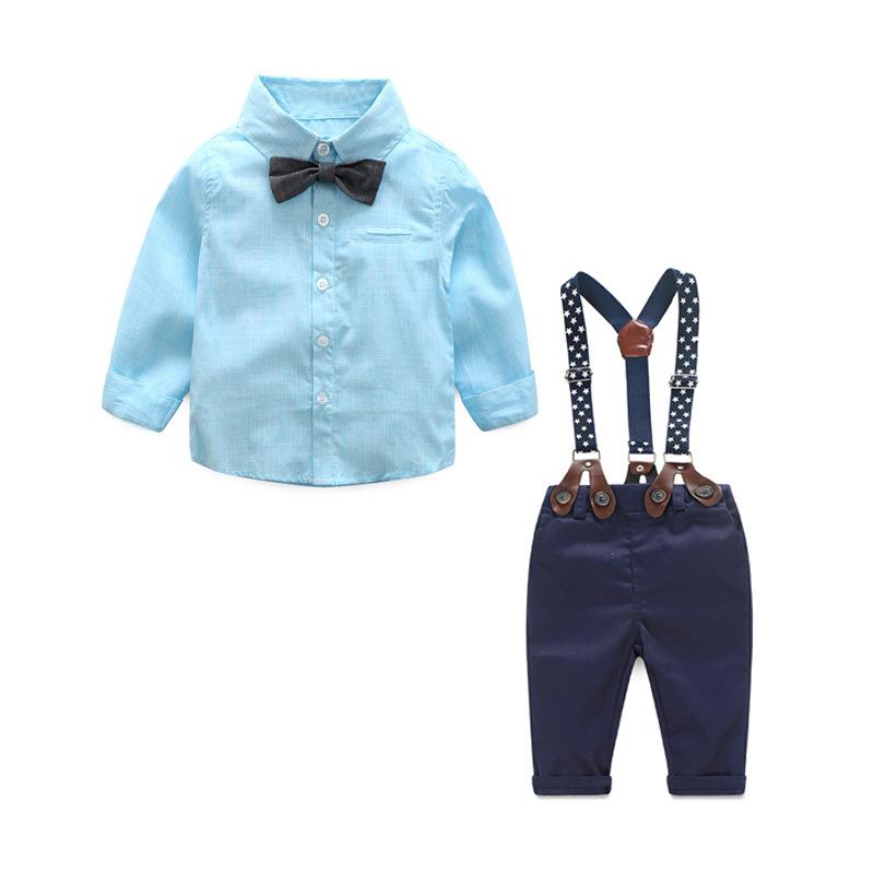 Suits, Tuxedos （Boys） - セットアップ 男の子 キッズ ベビー シャツ 長袖 スラブコットン 蝶ネクタイ ボタン サロペット オーバーオール パンツ フォーマル スーツ 礼服 英国風 韓国 ストライプ 春秋 ライトブルー ピンク 結婚式 発表会