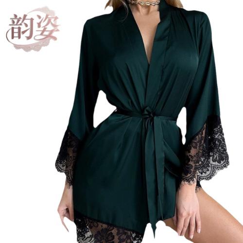 Negligees - ナイトガウン レディース 部屋着 バスローブ ルームウェア ネグリジェ 大きいサイズ 快適 サテン レース Vネック 長袖 セクシー 高級感 ゆったり 透け感 オールシーズン 通気性 旅行 ホテル ボルドー ホワイト ネイビー