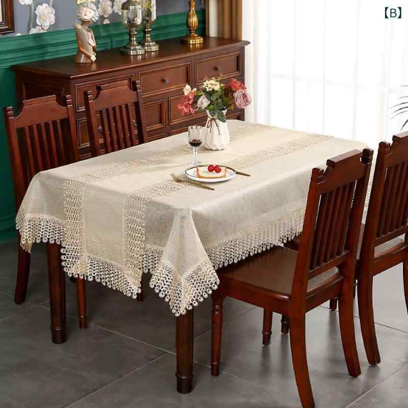 テーブルクロス 長方形 ヨーロピアン 高級感 シンプル レース カットワーク かわいい ダイニングテーブル ティーテーブル リビング 防水 防油 耐熱 汚れ防止 フランネル パールホワイト ブラウン オールシーズン
