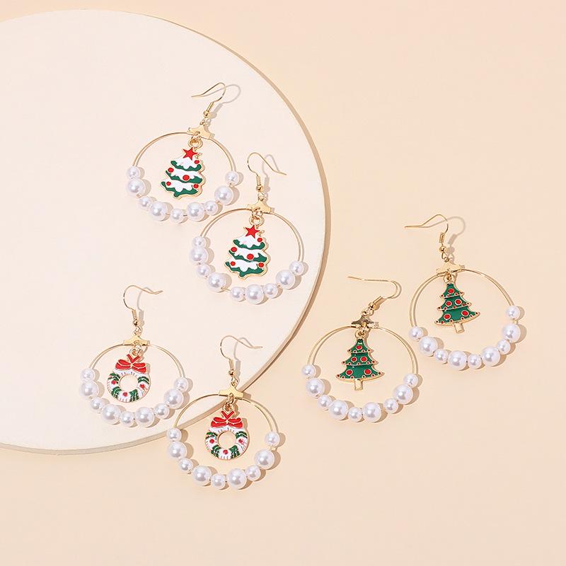 ピアス レディース パール パール 大ぶり クリスマス 幾何学 サークル ラウンド フープ ヴィンテージ風 レトロ フレンチ アクセサリー 緑 ツリー 秋冬 かわいい パーティー 普段使い おしゃれ 上品 エレガント
