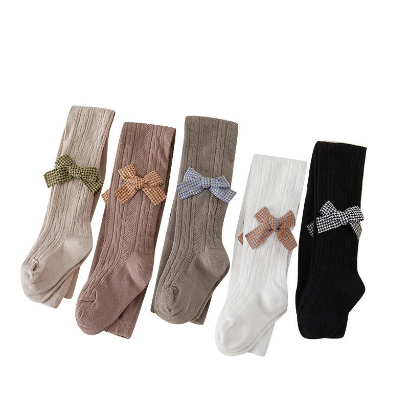 Tights - タイツ 女の子 ベビー キッズ 子供 春秋 綿 コットン ケーブル編み 千鳥格子 リボン 足 レギンス 無地 シンプル 通気性 伸縮性 普段使い 通園 通学 カジュアル かわいい ブラック ホワイト ベージュ 薄手 ジャガード