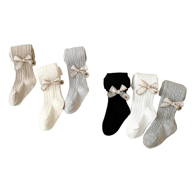 タイツ 女の子 キッズ ベビー 春秋 薄手 チューリップ リボン かわいい おしゃれ レギンス スパッツ 下着 靴下 コットン 綿 通気性 吸汗性 伸縮性 発表会 入園式 卒園式 白 グレー ブラック ストライプ 無地