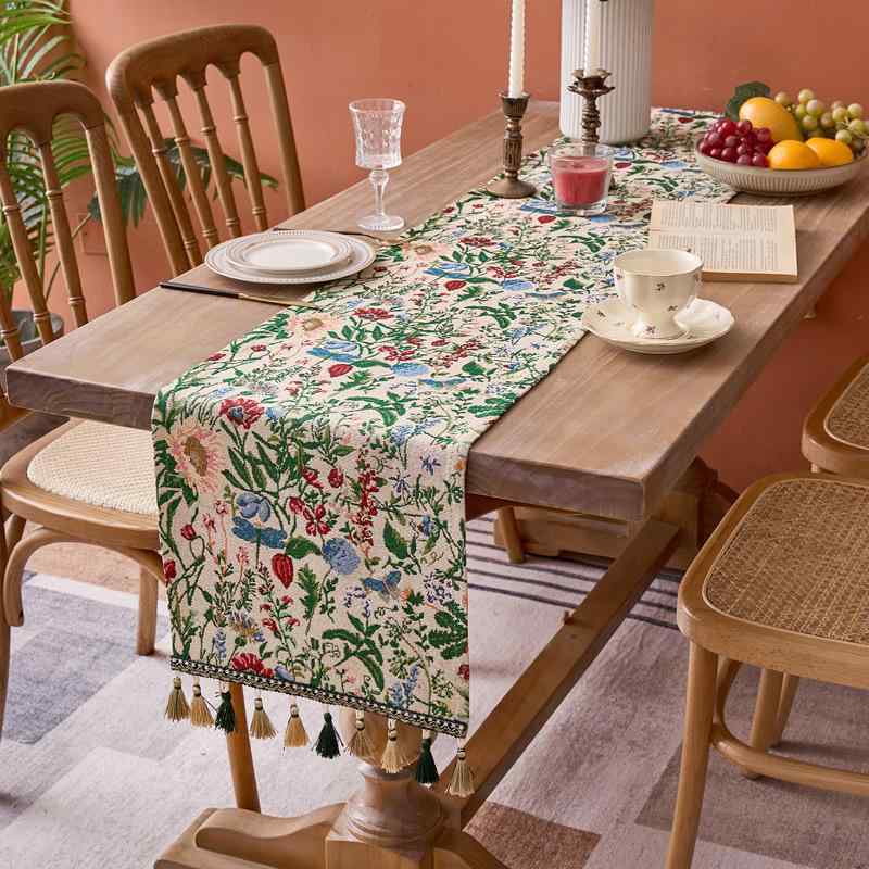 Table Runners - テーブルランナー アメリカン ヴィンテージ風 レトロ ダイニング リビング 玄関 防塵 インテリア 装飾 高級感 おしゃれ モダン エレガント タッセル 花柄 リーフ柄 ポリエステル グリーン オールシーズン