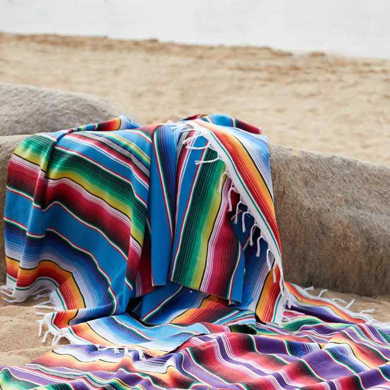 Table Runners - テーブルランナー メキシコ風 レインボー ブランケット マルチカバー ラグ 綿 ストライプ カラフル 民族調 パーティー キャンプ アウトドア ビーチマット フリンジ おしゃれ かわいい オールシーズン レッド ブルー