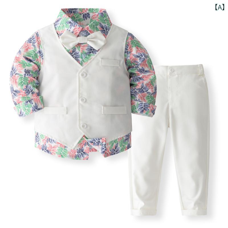 スーツ 女の子 セットアップ 上下セット シャツ ベスト 長ズボン ロングパンツ フォーマル キッズ 子供服 欧米風 花柄 プリント ボタニカル かっこいい 紳士風 柔らかい 綿 コットン ポリエステル ホワイト ボタン 結婚式 発表会 七五三 春秋