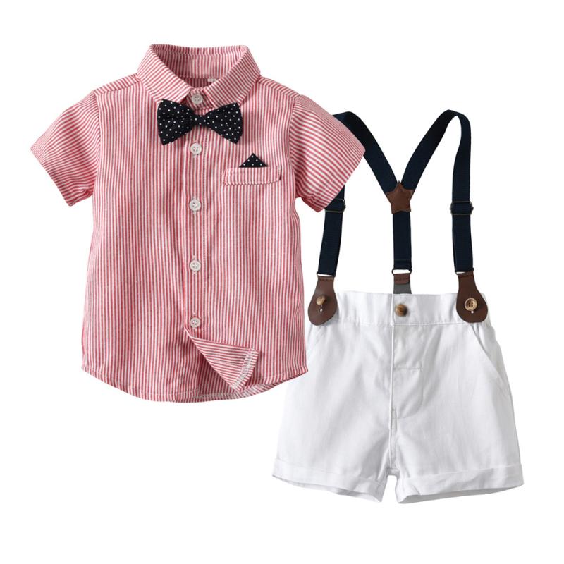 セットアップ 男の子 キッズ 春夏 半袖シャツ ショートパンツ ストライプ 無地 綿 コットン 韓国 フォーマル 礼服 誕生日 結婚式 発表会 サスペンダー ボタン カジュアル 柔らかい 高級感 お出かけ着 ピンク
