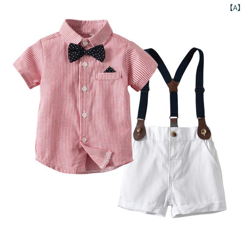フロントップ楽天市場店のセットアップ 男の子 キッズ 春夏 半袖シャツ ショートパンツ ストライプ 無地 綿 コットン 韓国 フォーマル 礼服 誕生日 結婚式 発表会 サスペンダー ボタン カジュアル 柔らかい 高級感 お出かけ着 ピンク｜アングル2