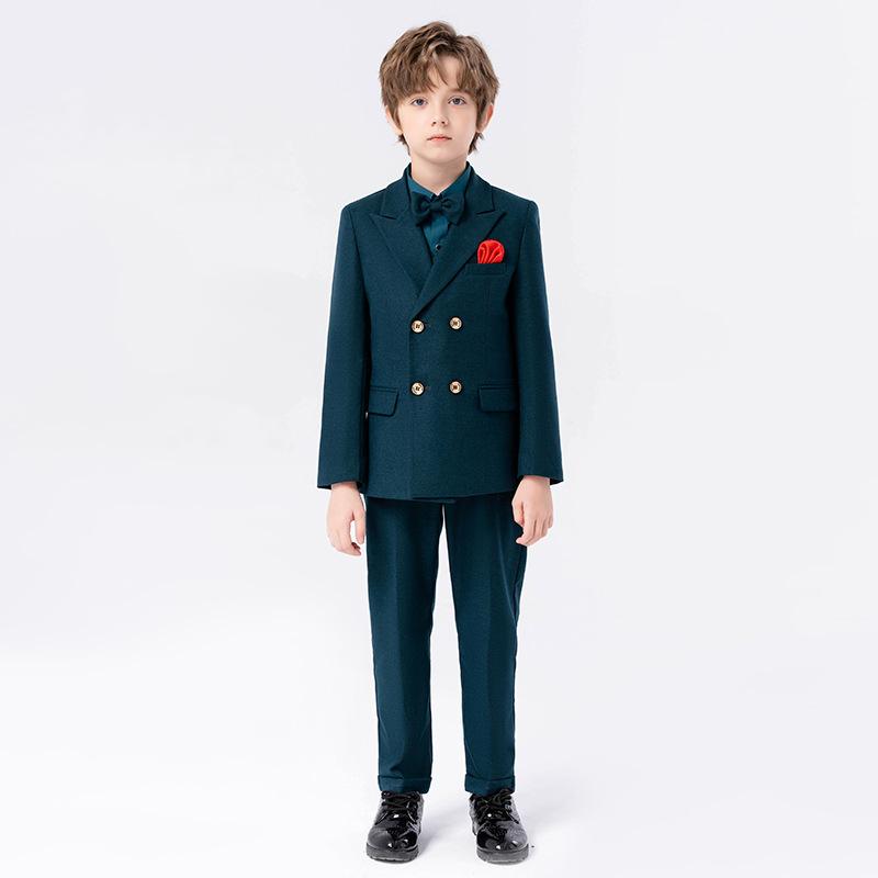 スーツ 男の子 キッズ 子供 礼服 フォーマル セットアップ 紳士服 発表会 結婚式 冠婚葬祭 テーラードジャケット ベスト スラックス パンツ 長袖 無地 ダークグリーン 深緑 ボタン ポリエステル 高級感 秋冬