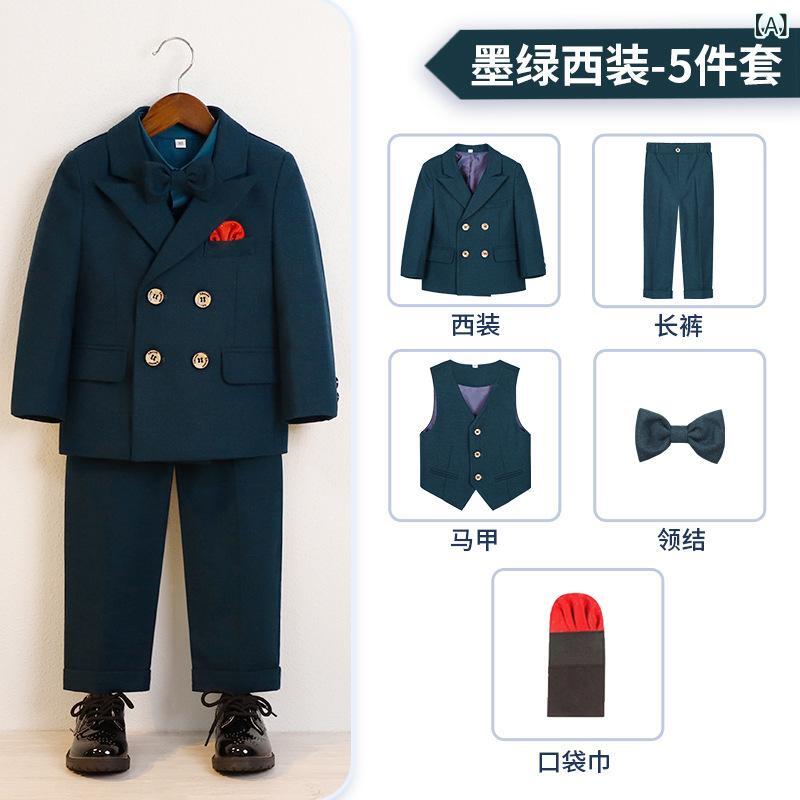 フロントップ楽天市場店のスーツ 男の子 キッズ 子供 礼服 フォーマル セットアップ 紳士服 発表会 結婚式 冠婚葬祭 テーラードジャケット ベスト スラックス パンツ 長袖 無地 ダークグリーン 深緑 ボタン ポリエステル 高級感 秋冬｜アングル2