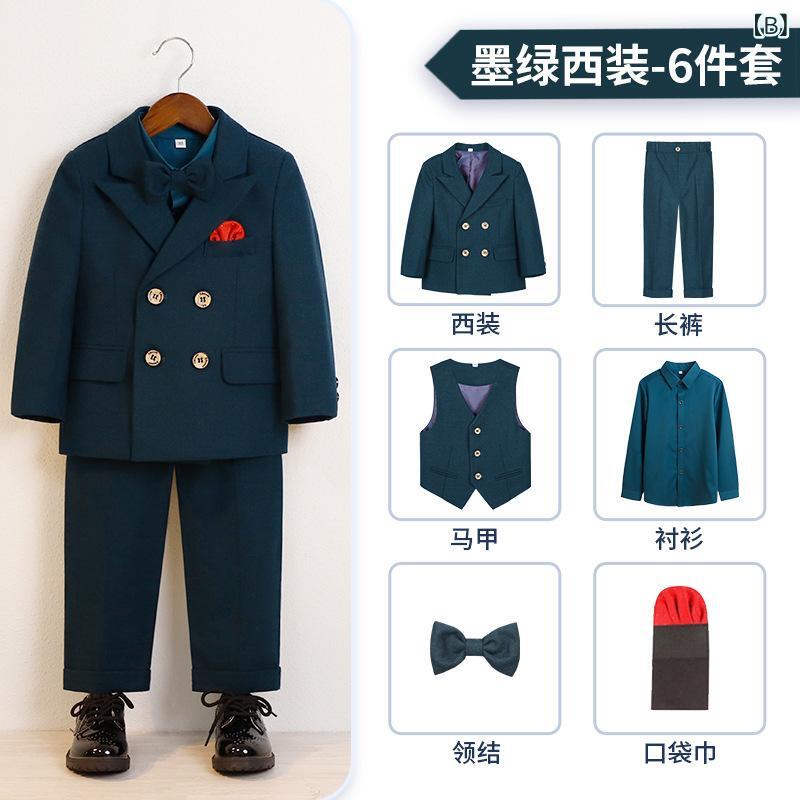フロントップ楽天市場店のスーツ 男の子 キッズ 子供 礼服 フォーマル セットアップ 紳士服 発表会 結婚式 冠婚葬祭 テーラードジャケット ベスト スラックス パンツ 長袖 無地 ダークグリーン 深緑 ボタン ポリエステル 高級感 秋冬｜アングル3