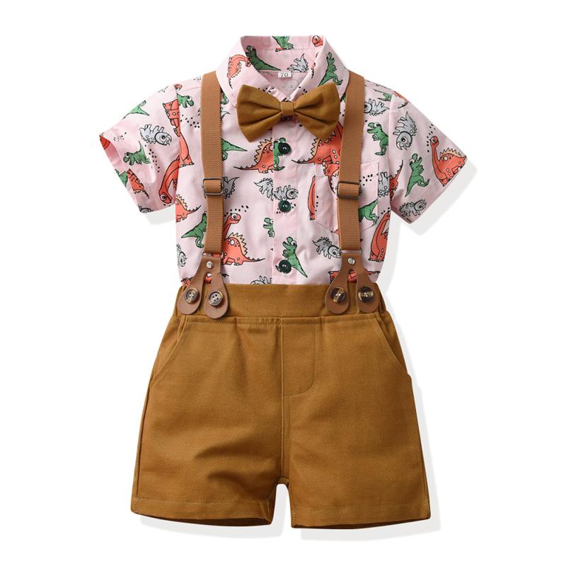 セットアップ 男の子 キッズ 子供 ベビー 半袖シャツ サロペット 恐竜柄 プリント 蝶ネクタイ ボタン 紳士 フォーマル 礼服 1歳 誕生日 お祝い 結婚式 春夏 綿 コットン イエロー ライトブルー ピンク かわいい