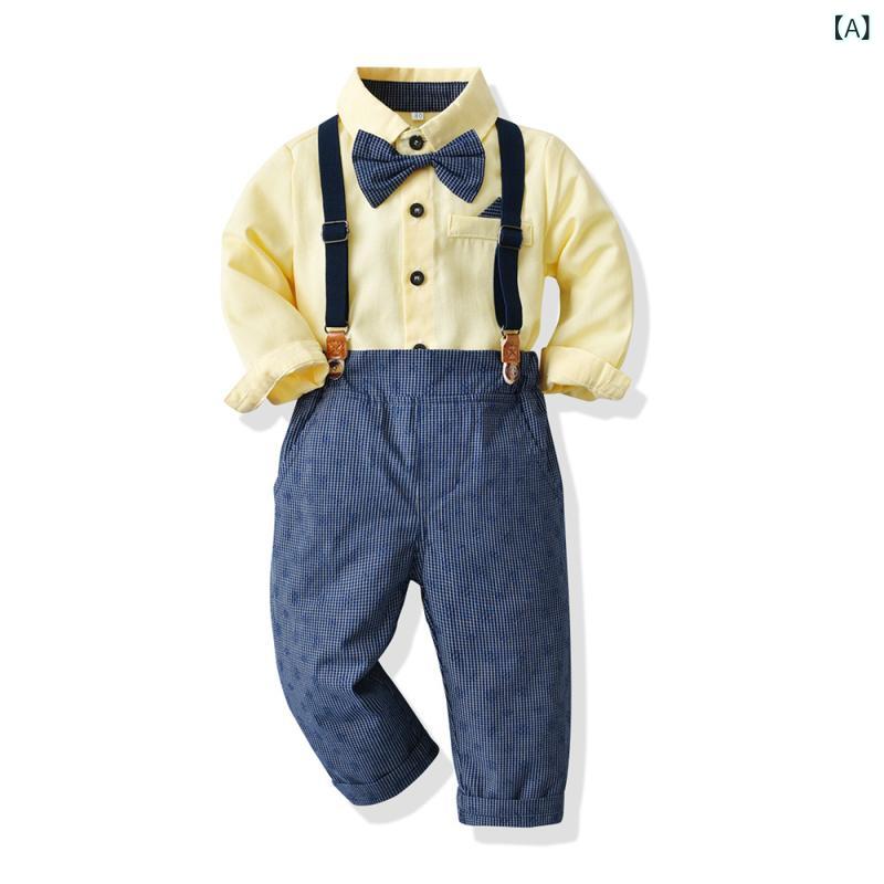 フロントップ楽天市場店のセットアップ 男の子 シャツ サスペンダーパンツ 蝶ネクタイ フォーマル 子供服 綿 春夏 1歳 誕生日 結婚式 発表会 セレモニー 英国風 韓国 かわいい 長袖 長ズボン カジュアル イエロー ゴールド 高級感 ボタン｜アングル2
