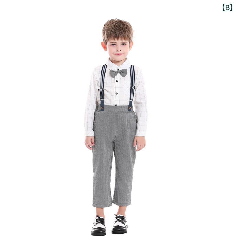 フロントップ楽天市場店のセットアップ 男の子 シャツ サスペンダーパンツ 蝶ネクタイ フォーマル 子供服 綿 春夏 1歳 誕生日 結婚式 発表会 セレモニー 英国風 韓国 かわいい 長袖 長ズボン カジュアル イエロー ゴールド 高級感 ボタン｜アングル3