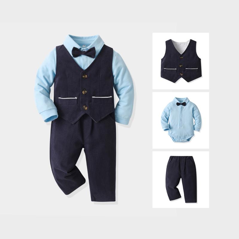 ・カテゴリ: 子供用セットアップ・対象性別: 男の子・スタイル: ブリティッシュ・セットタイプ: パンツセット・セット点数: 3点セット・対象年齢: ベビー・キッズ（1〜3歳、80〜100cm）・袖丈: 長袖・パンツ丈: ロングパンツ・生地の厚さ: 普通・柄: 無地・要素: セットアップ、リボン、ブリティッシュ、欧米風・主な素材: 綿・主な素材含有率: 90%・カラー展開: イエロー、ブルー、レッド、グリーン、ブラック、ダークグリーン・身長: 60cm、70cm、80cm、90cm、100cm
