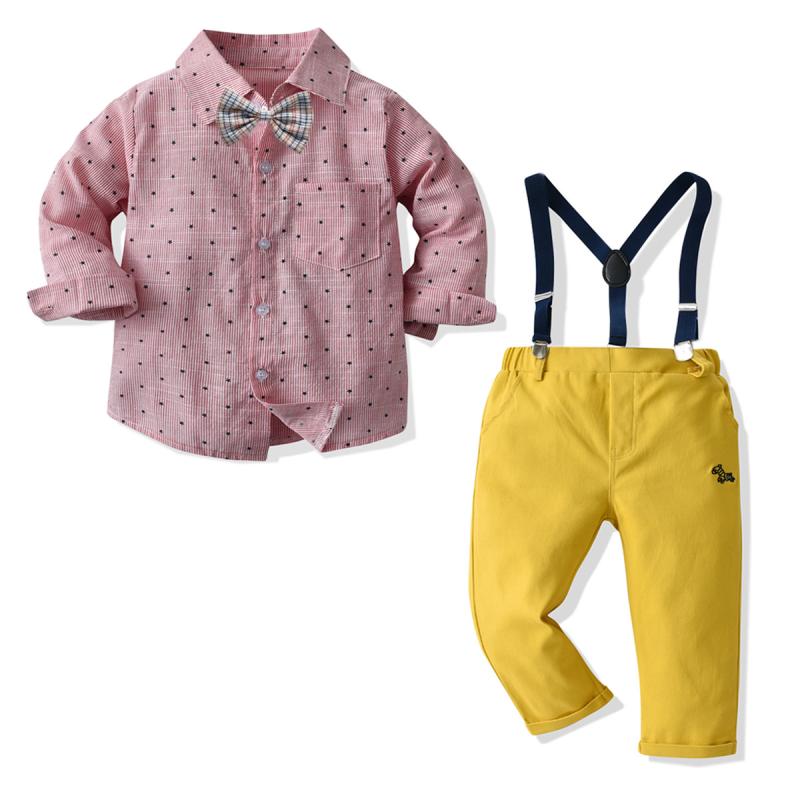 セットアップ 男の子 キッズ 子供服 長袖 シャツ 蝶ネクタイ サスペンダー ロングパンツ 星柄 春秋 コットン 綿 ピンク イエロー カーキ フォーマル 結婚式 発表会 欧米風 カジュアル かわいい おしゃれ 柔らかい 上下セット