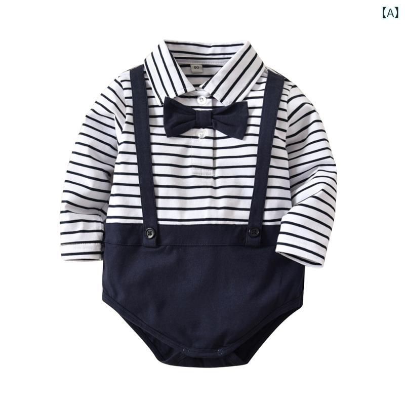 Dress Suits （Girls） - ロンパース ベビー 男の子 女の子 赤ちゃん カバーオール 紳士風 フォーマル ネイビー ストライプ マリンスタイル 春秋 長袖 フード ボタン 綿 コットン ニット 柔らかい 出産祝い 前開き