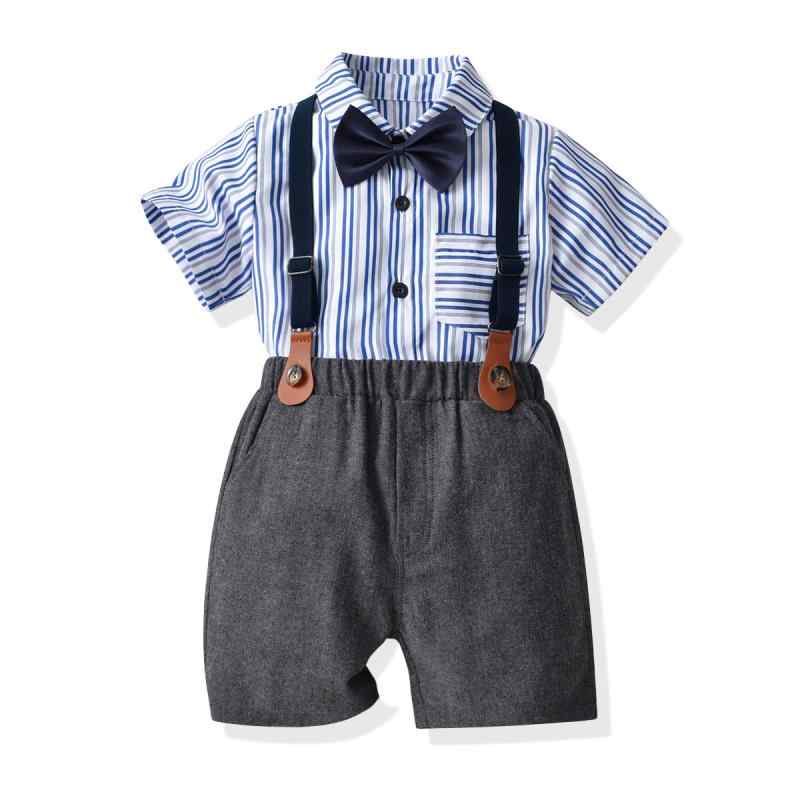 セットアップ 男の子 キッズ ベビー 春夏 半袖 シャツ トップス ストライプ 蝶ネクタイ サスペンダー ハーフパンツ 半ズボン フォーマル スーツ 結婚式 発表会 七五三 綿 英国風 紳士 ブルー グレー ボタン