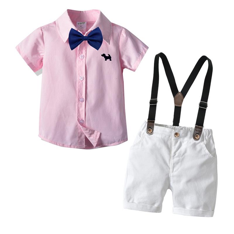 セットアップ 男の子 キッズ ベビー 子供服 シャツ 半袖 短パン ショートパンツ 4点セット 上下セット 蝶ネクタイ フォーマル 紳士 欧米風 綿 コットン 柔らかい 無地 ピンク ブルー 春夏 結婚式 発表会 入園式