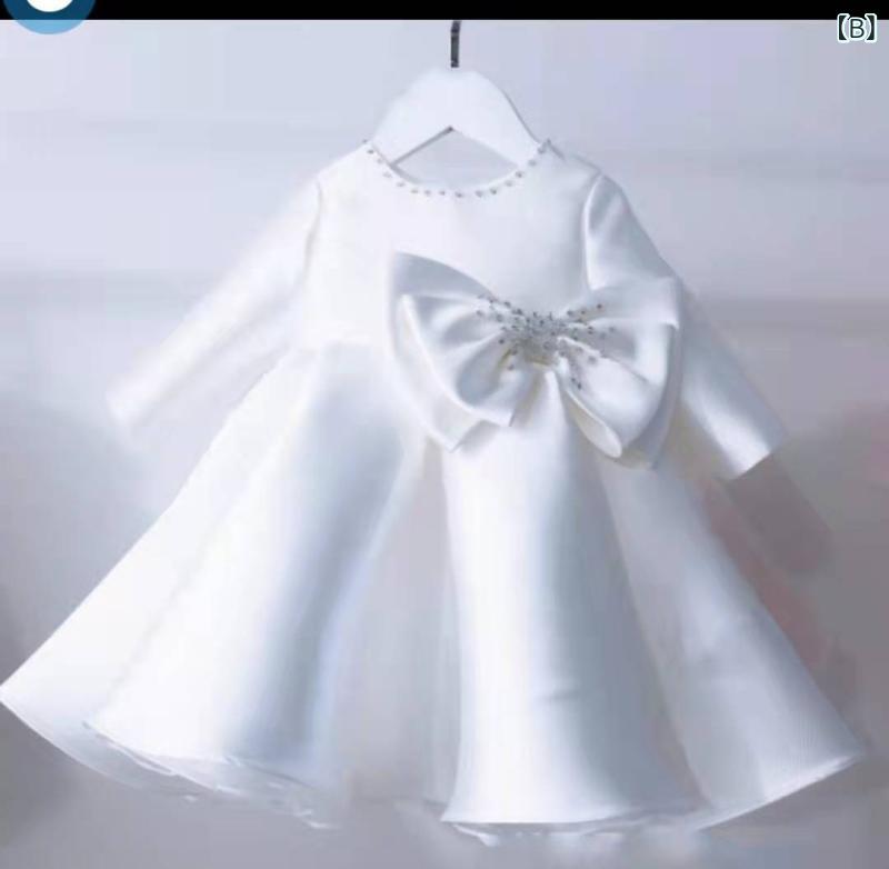 ドレス 女の子 ベビー キッズ フォーマル 誕生日 記念撮影 結婚式 サテン ワンピース チュチュ チュールスカート ふんわり 高級感 かわいい Aライン フレア プリーツ リボン アイボリー オフホワイト オールシーズン 3