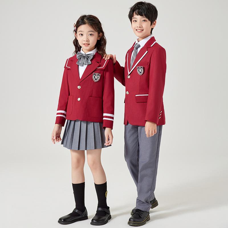 スーツ キッズ 男の子 女の子 セットアップ 3点セット 制服 小学生 礼服 発表会 入学式 卒業式 春秋 英国風 フォーマル ジャケット シャツ パンツ スカート 綿 サージ 高級感 ボタン ワインレッド ネイビー グレー frontop-13316179 フロントップ楽天市場店 パッケージ画像