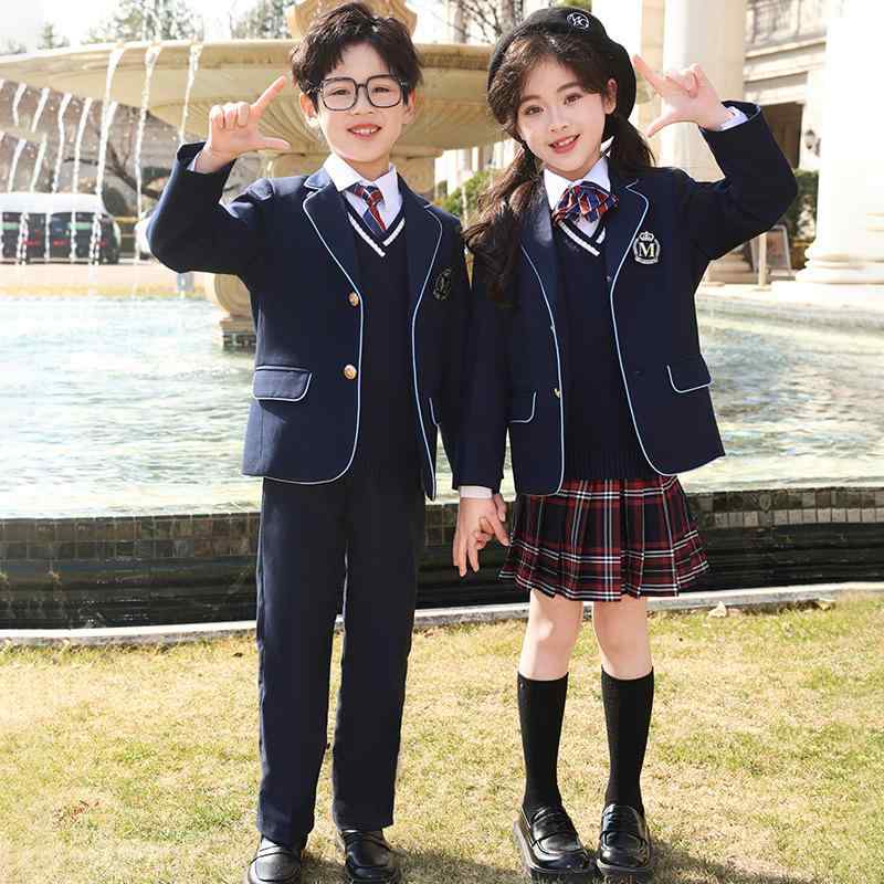 セットアップ 男の子 女の子 スーツ 制服 英国風 ブリティッシュスタイル 幼稚園 小学生 中学生 通学 冠婚葬祭 フォーマル 春秋 ジャケット パンツ スカート シャツ ベスト ポリエステル ネイビー ホワイト ブルー 高級感 ボタン