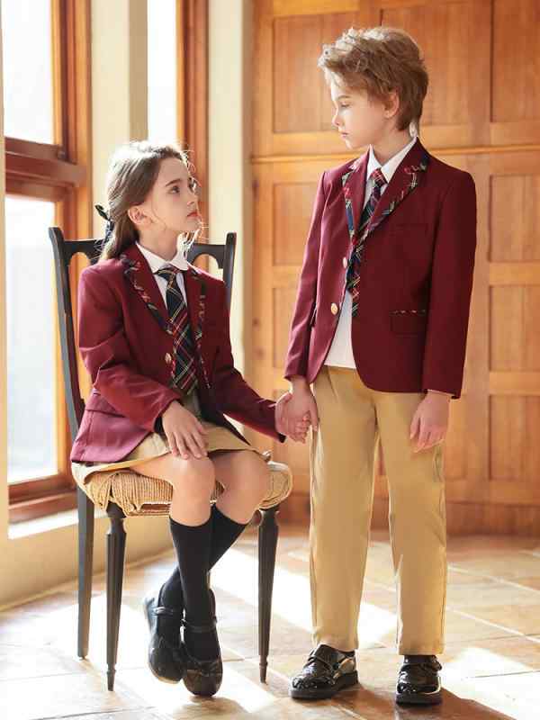 樂天商城 - スーツ 男の子 女の子 子供 フォーマル セットアップ 4点 ブレザー ジャケット パンツ ズボン スカート 入学式 卒業式 発表会 制服 学院風 トラッド ブリティッシュスタイル オールシーズン ポリエステル 混紡 柔らかい ボタン