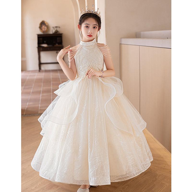 ドレス 女の子 シャンパン フォーマル プリンセス チュール ワンピース フラワーガール 発表会 結婚式 パーティ ロング エレガント 豪華 プリーツ ポリエステル 裏地 オールシーズン かわいい 高級感 キッズ