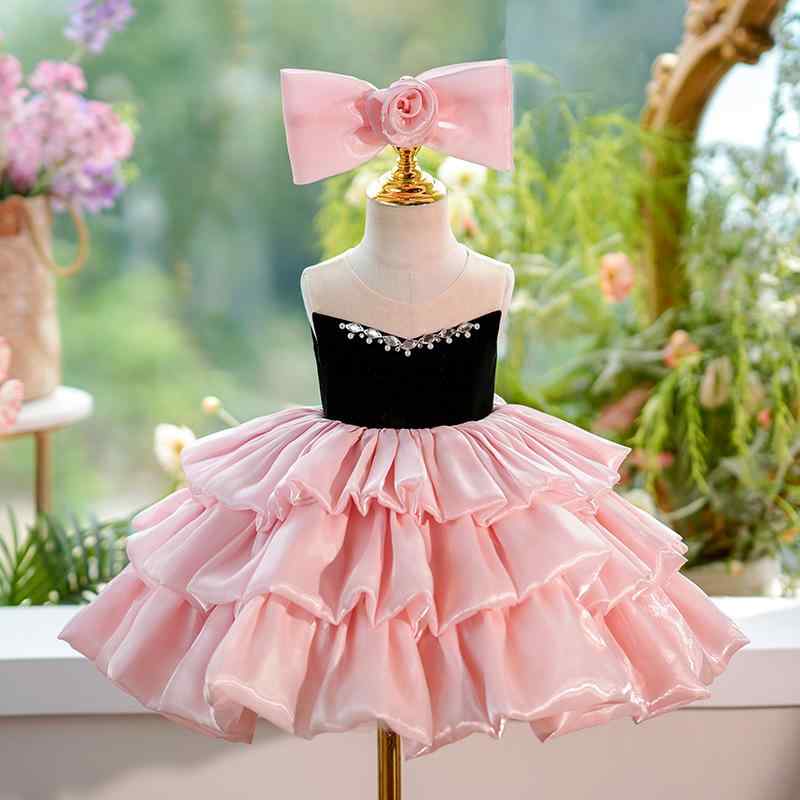 ドレス 女の子 キッズ ピアノ発表会 結婚式 パーティー プリンセス フォーマル 高級感 おしゃれ ピンク かわいい チュールスカート プリーツ フリル パニエ ポリエステル オールシーズン