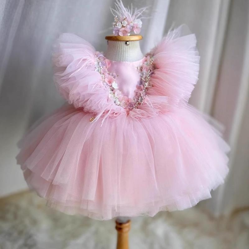 ドレス 女の子 子供用 ロリータ ピンク 1歳 誕生日 結婚式 発表会 フラワーガール 花柄 チュールスカート フェザー チュチュ お姫様 春夏秋 かわいい セレモニー 高級感 上品 幼児 園児 洋服 フリル プリンセス
