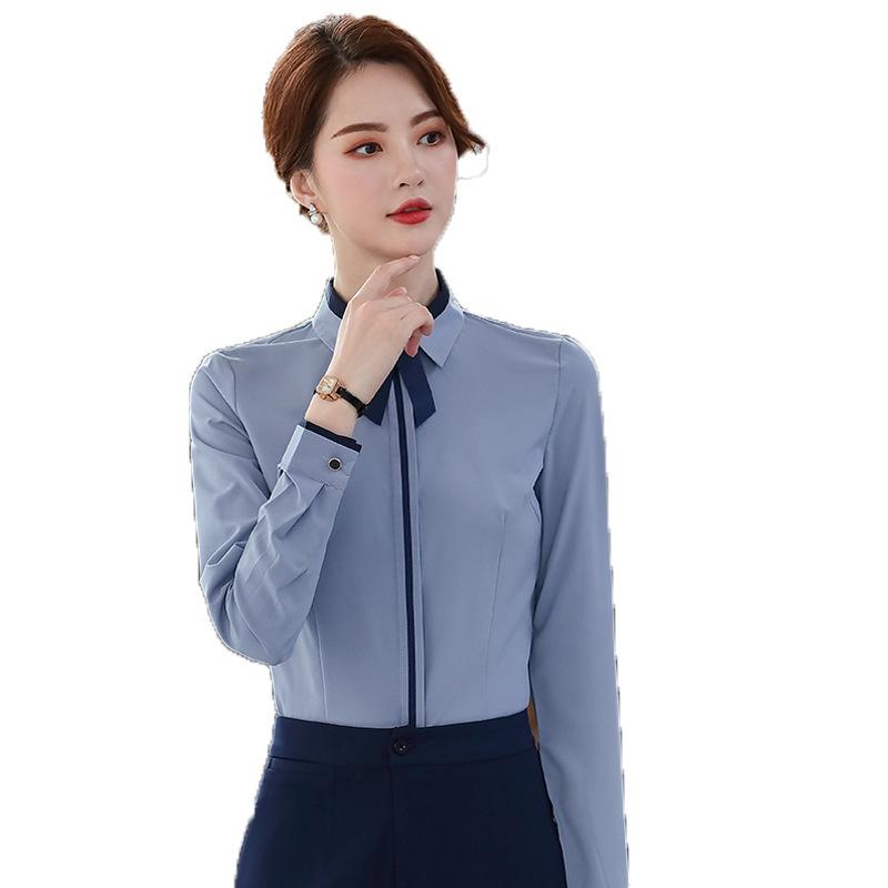 シャツ レディース 秋冬 通勤 事務服 オフィスカジュアル 長袖 ブラウス トップス きれいめ 上品 エレガント 高級感 綿混 ポリエステル 襟 スリム ボタン ホワイト グレー ブルー 無地