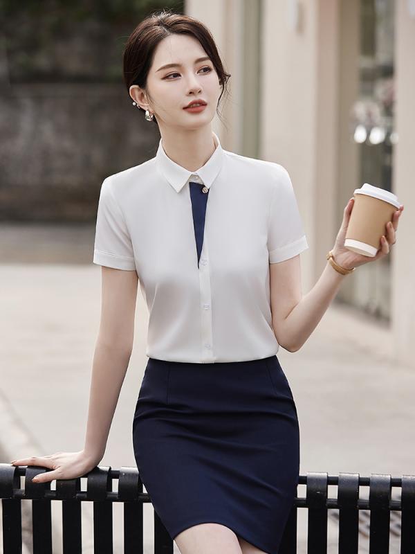 事務服 レディース セットアップ シャツ ブラウス 半袖 膝丈スカート タイトスカート 2点セット 春夏 通勤 オフィス 面接 無地 ノーアイロン シワになりにくい 襟 ボタン ポケット ポリエステル 伸縮性 ストレッチ グレー ホワ