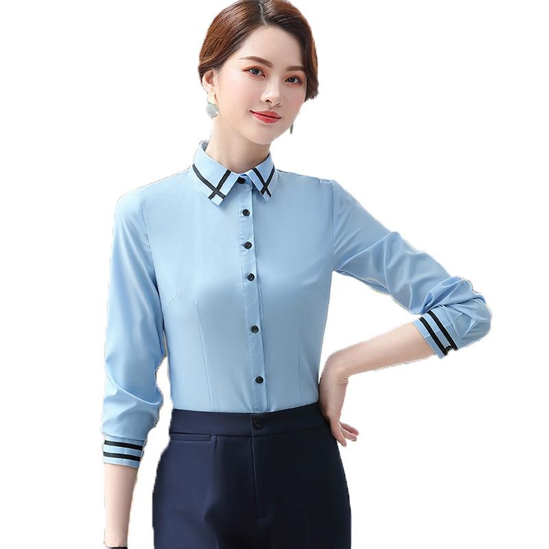 乐天商城 - シャツ レディース 長袖 ブラウス シフォン 事務服 通勤 オフィス トップス 大きいサイズ ホワイト ブルー 無地 きれいめ 上品 清楚 ゆったり 春夏 秋 襟 快適 柔らかい ボタン スタイルアップ