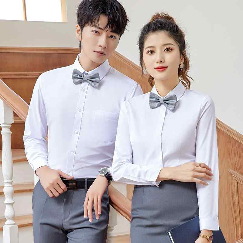 シャツ メンズ レディース ユニフォーム 作業服 制服 事務服 ホテル レストラン 接客 長袖 無地 ポリエステル ホワイト グレー ロイヤルブルー 春夏 セットアップ 清潔感 高級感 シワになりにくい