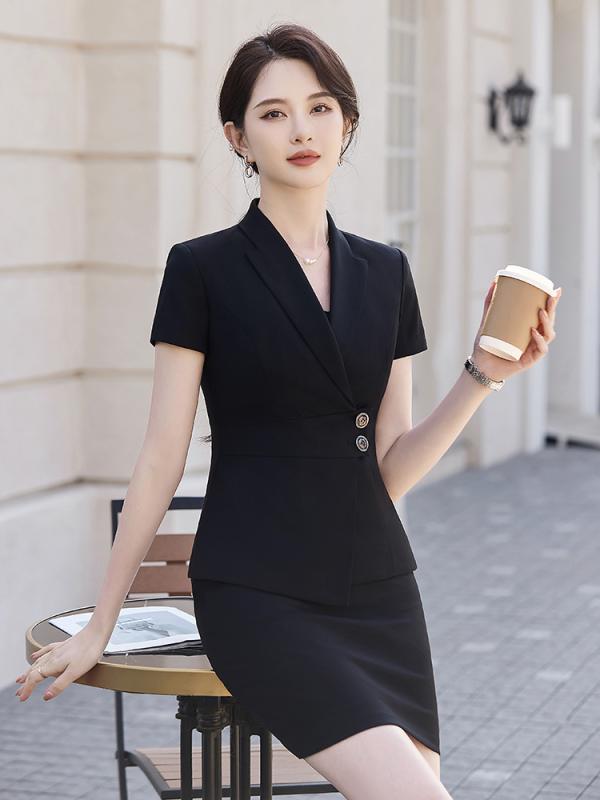 セットアップ レディース 春夏 ジャケット スカート 面接 就活 オフィス 事務服 半袖 薄手 膝丈 リクルートスーツ ストレッチ 伸縮性 上品 清楚 高級感 ポリエステル 無地 ブラック ブルー グレー