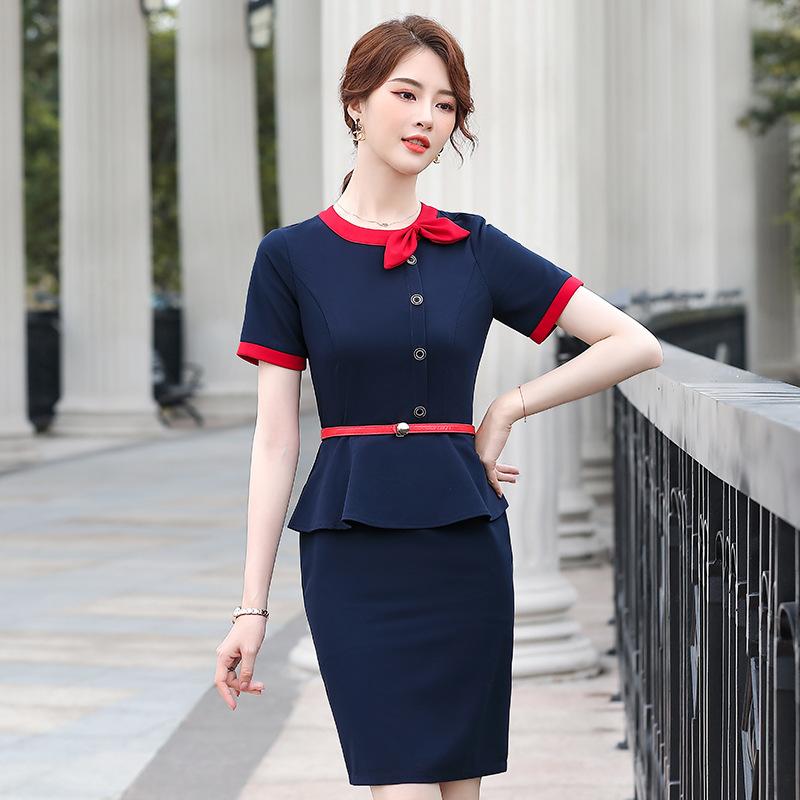 ワンピース レディース 春夏 半袖 膝丈 ミディ丈 タイトスカート 事務服 オフィス 通勤 仕事着 制服 ユニフォーム ホテル 受付 美容院 高級感 上品 清楚 エレガント 無地 ポリエステル ストレッチ 伸縮性 グレー ブラック ネイビー(4.0)
