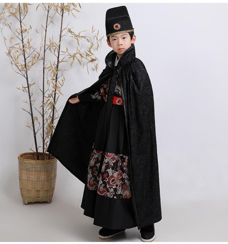漢服 男の子 女の子 キッズ 錦衣衛 飛魚柄 侠客 書生 時代劇 コスチューム ステージウェア 伝統 中国風 かっこいい 高級感 秋冬 ラビットヘア ブラック ブルー レッド 100-160cm お遊戯 発表会 イベント