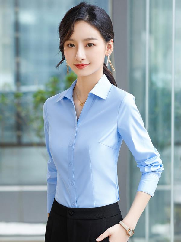 シャツ レディース ブラウス セットアップ パンツスーツ ストライプ トップス 長袖 Vネック オフィス 通勤 事務服 制服 仕事着 スリム きれいめ 高級感 ポリエステル ピンク ホワイト ネイビー オールシーズン ボタン