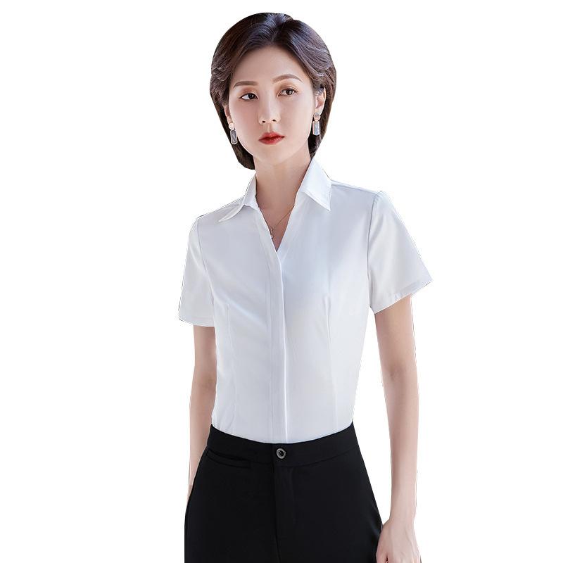 Plain - シャツ レディース ブラウス トップス 半袖 春夏 Vネック 比翼仕立て 無地 事務服 オフィス 通勤 ボタン スリム きれいめ 高級感 ホワイト ネイビー 大きいサイズ 上品 爽やか