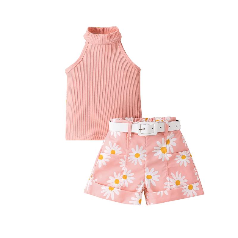 セットアップ 女の子 キッズ 子供 三点セット ノースリーブ ホルターネック トップス ショートパンツ ベルト 花柄 デイジー 春夏 欧米風 カジュアル 部屋着 普段着 お出かけ 綿 柔らかい かわいい ピンク パープル