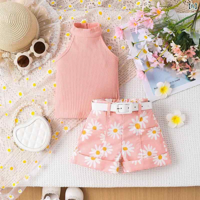 フロントップ楽天市場店のセットアップ 女の子 キッズ 子供 三点セット ノースリーブ ホルターネック トップス ショートパンツ ベルト 花柄 デイジー 春夏 欧米風 カジュアル 部屋着 普段着 お出かけ 綿 柔らかい かわいい ピンク パープル｜アングル2