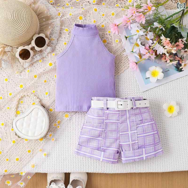 フロントップ楽天市場店のセットアップ 女の子 キッズ 子供 三点セット ノースリーブ ホルターネック トップス ショートパンツ ベルト 花柄 デイジー 春夏 欧米風 カジュアル 部屋着 普段着 お出かけ 綿 柔らかい かわいい ピンク パープル｜アングル3
