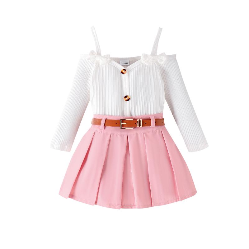 セットアップ 女の子 キッズ 子供服 春秋 長袖 オフショルダー リボン 無地 プリー...