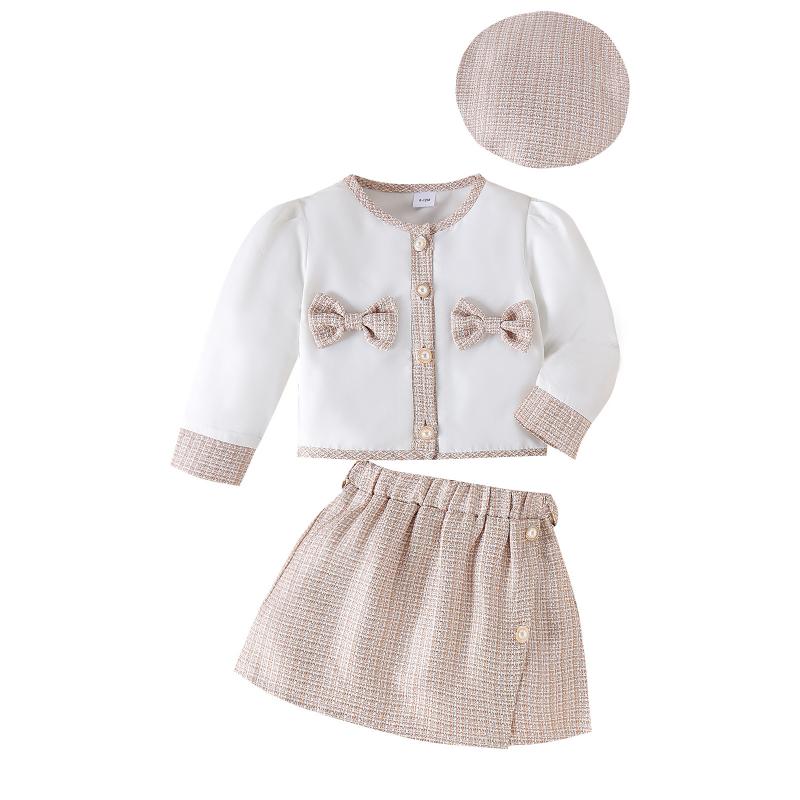 裙套裝 - セットアップ 女の子 子供服 キッズ ガールズ 秋冬 長袖 スカート ミニスカート 帽子 アプリコット ツイード風 欧米風 リボン ボタン 綿 コットン 高級感 かわいい おしゃれ フォーマル 通学 お出かけ