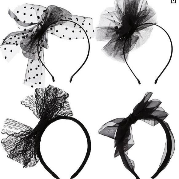 カチューシャ レディース ヘアアクセサリー 黒 ブラック ビッグリボン レース 80年代 ヴィンテージ風 レトロ ヘッドドレス 髪飾り ハロウィン パーティー コスプレ 4点 セット 華やか 高級感 かわいい チュールネット パール 大ぶり シック 小物