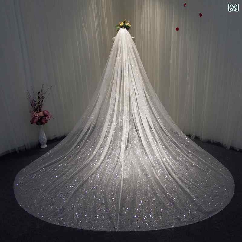 ウエディングベール レディース ロング カテドラル トレーン ヘッドドレス 髪飾り シャンパン ゴールド 結婚式 挙式 披露宴 ブライダル 花嫁 アクセサリー キラキラ ラメ シンプル コーム チュール シアー 高級感