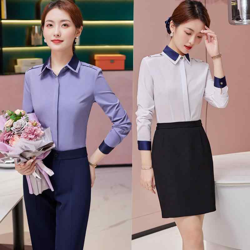 Pants Suit - セットアップ レディース 秋冬 事務服 接客 美容師 長袖 ブラウス シャツ タイトスカート スラックス ユニフォーム 襟 ポリウレタン 伸縮性 ストレッチ ホワイト グレー ブラック 高級感 きれいめ 無地