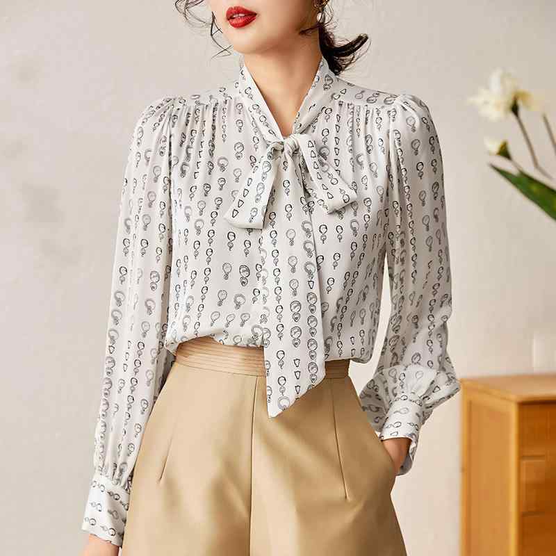 シャツ レディース ブラウス トップス 正 高級感 プリント 幾何学模様 ボウタイ リボンタイ プルオーバー 長袖 ストレート 上品 エレガント 知性的 通勤 オフィス 普段使い 春夏 ブラック アプリコット